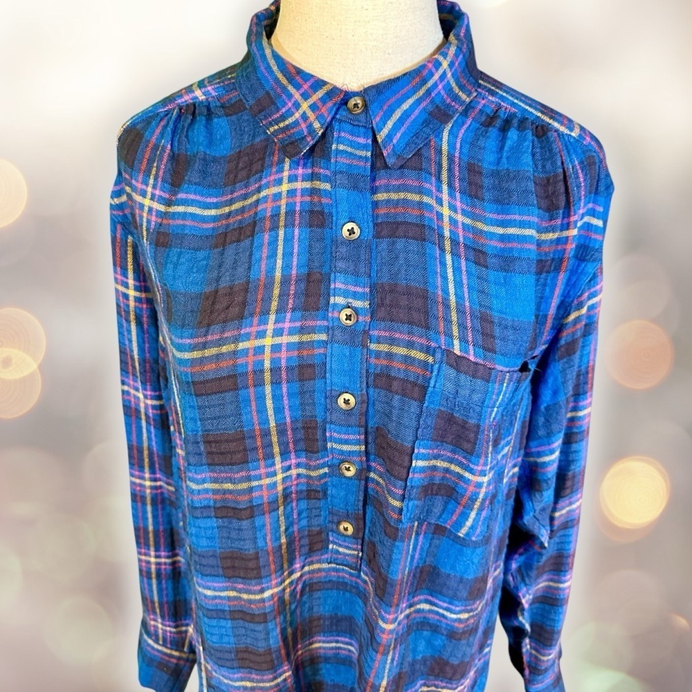 Anthropologie ‘Isadora’ Button-Back Flannel Tunic in Blue Plaid Size Medium - Picture 4 of 13